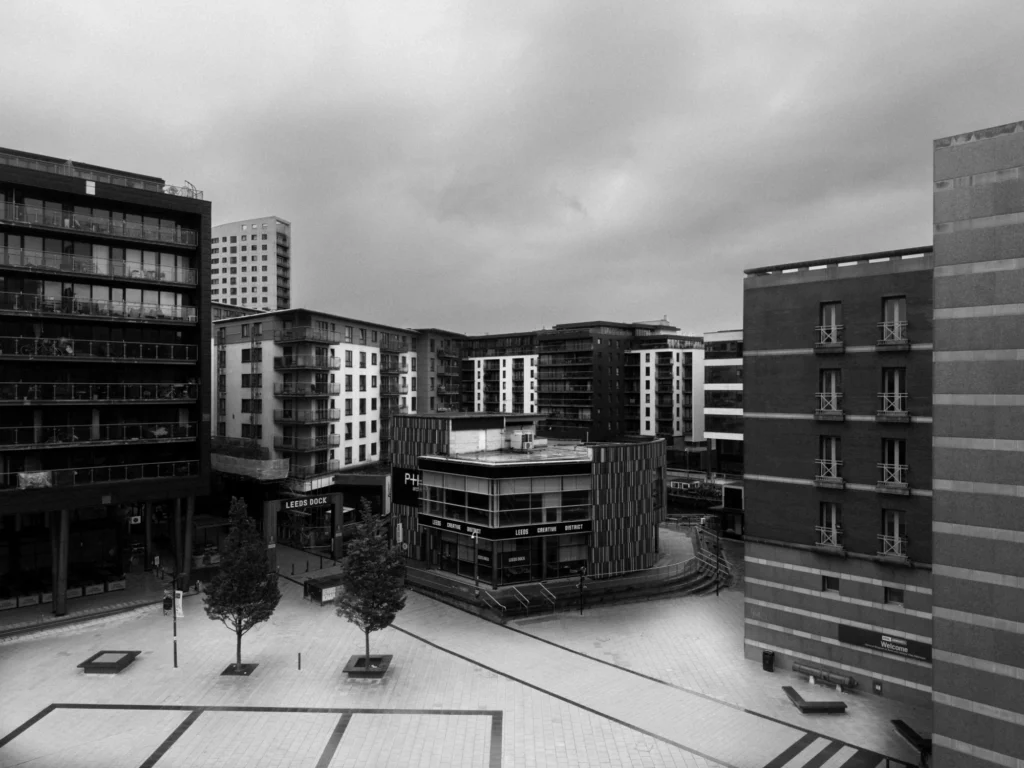 Black and white photo of an empty city centre.