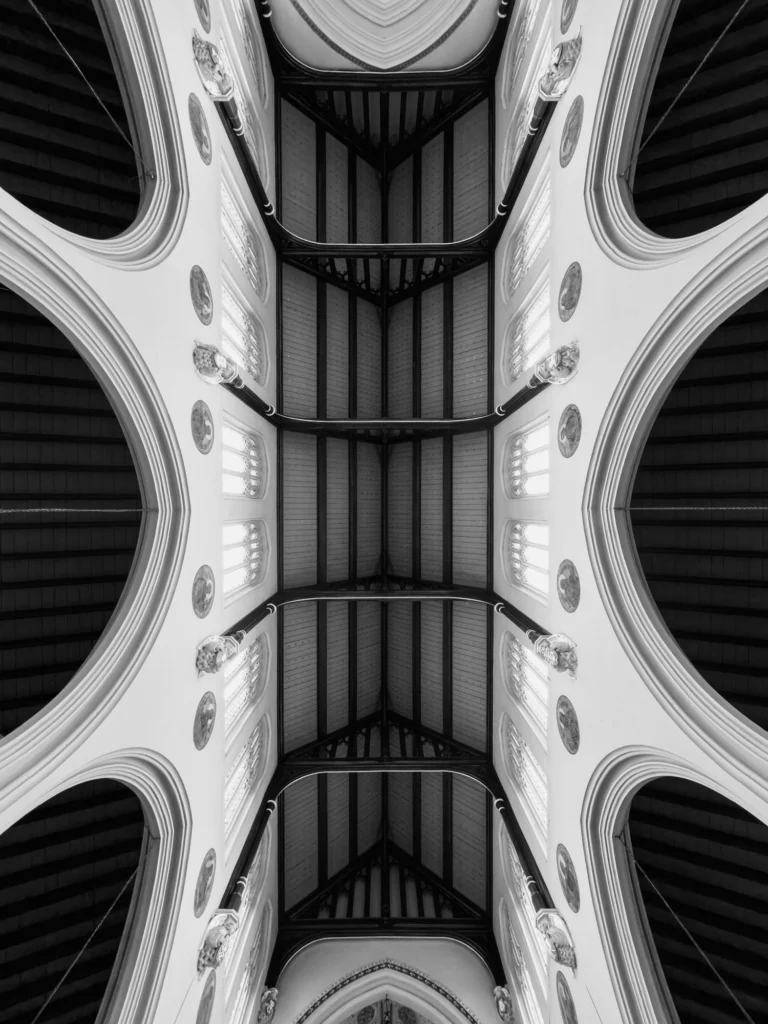 A symmetrical church ceiling.