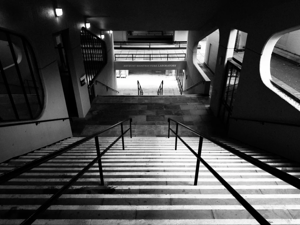 Black and white photo of symmetrical steps going down to a lab.