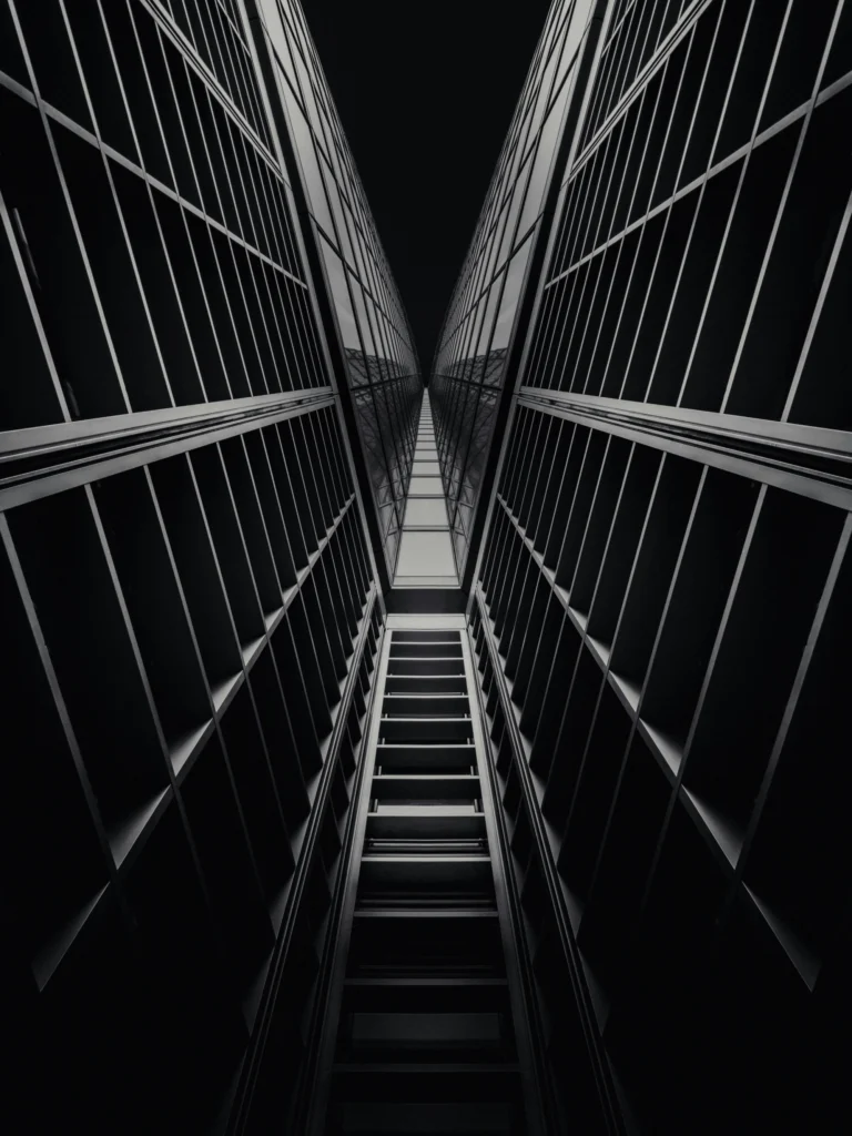 Symmetrical architecture in a dark mode style.