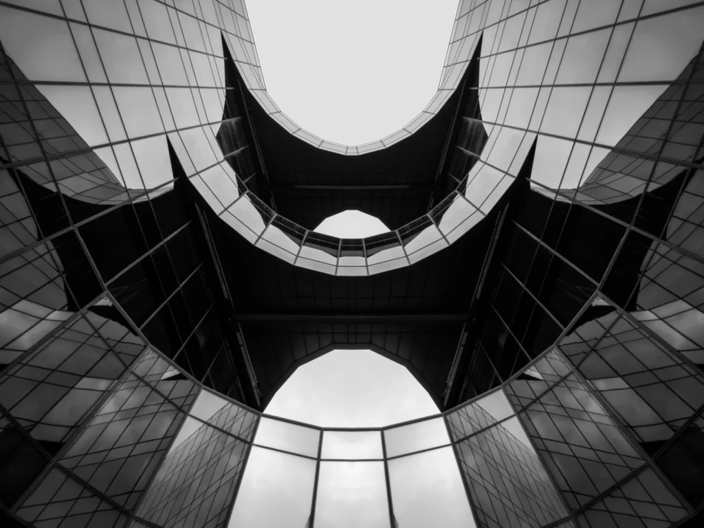 Symmetrical black and white architecture.