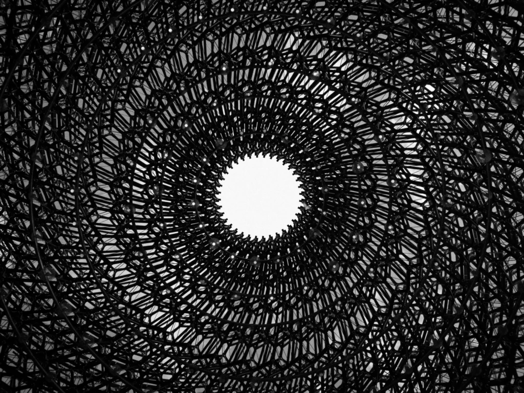 Abstract black and white spital pattern with a white centre.